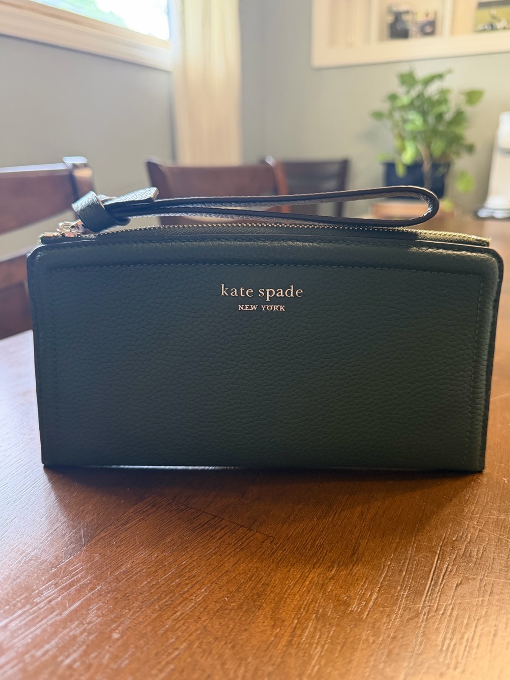 kate spade Green Pebbled Leather Wristlet Wallet with Gold Logo